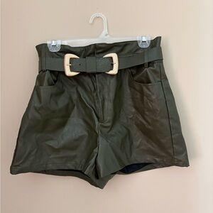 Lelis size L Faux Leather Olive Green High-Waisted Women Shorts with belt